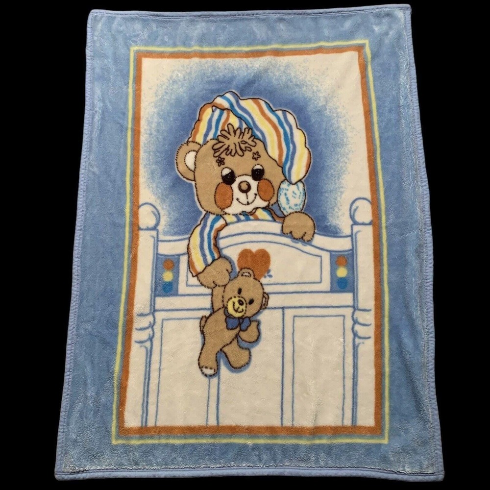 Vintage 80s Beddy Teddy Sleepytime Bear Blanket Thick Plush Super Baby
